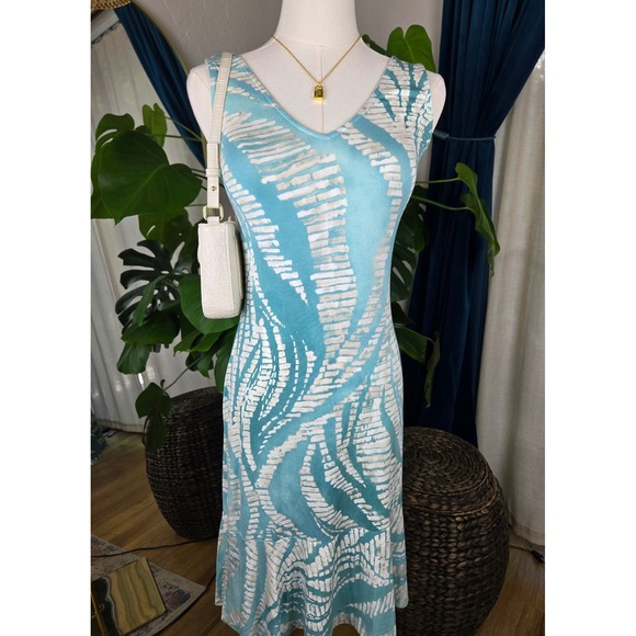 $138 Tommy Bahama Sleeveless Midi Dress Aqua White Leaf Print XS/TP NWT - Picture 1 of 7